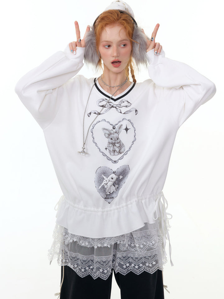 Rabbit Graphic Drawstring Sweatshirt