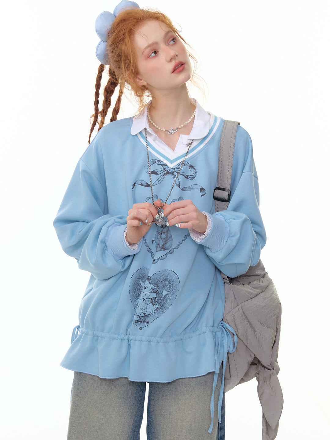 Rabbit Graphic Drawstring Sweatshirt