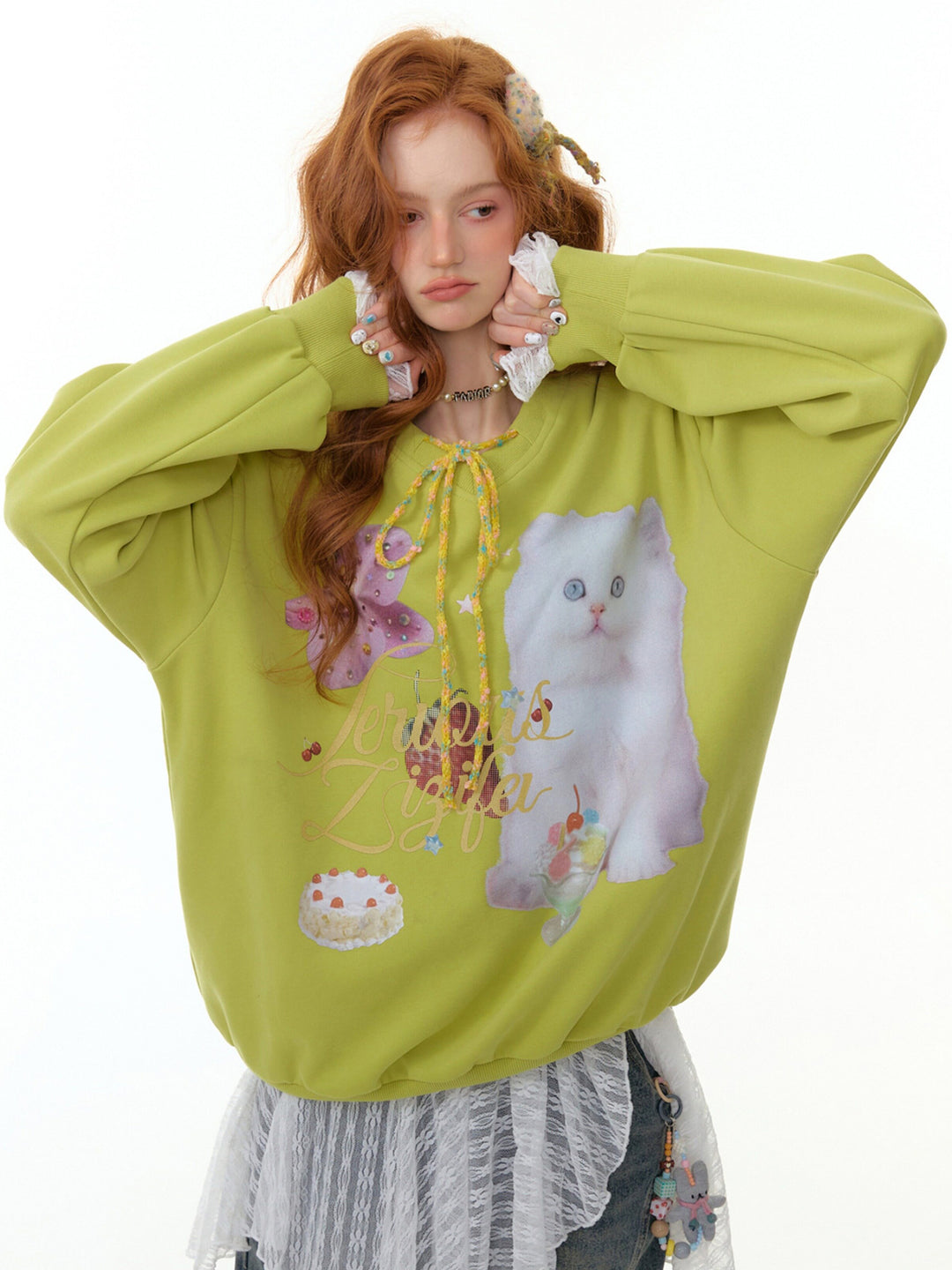 Cat Graphic Braided Tie-Neck Sweatshirt