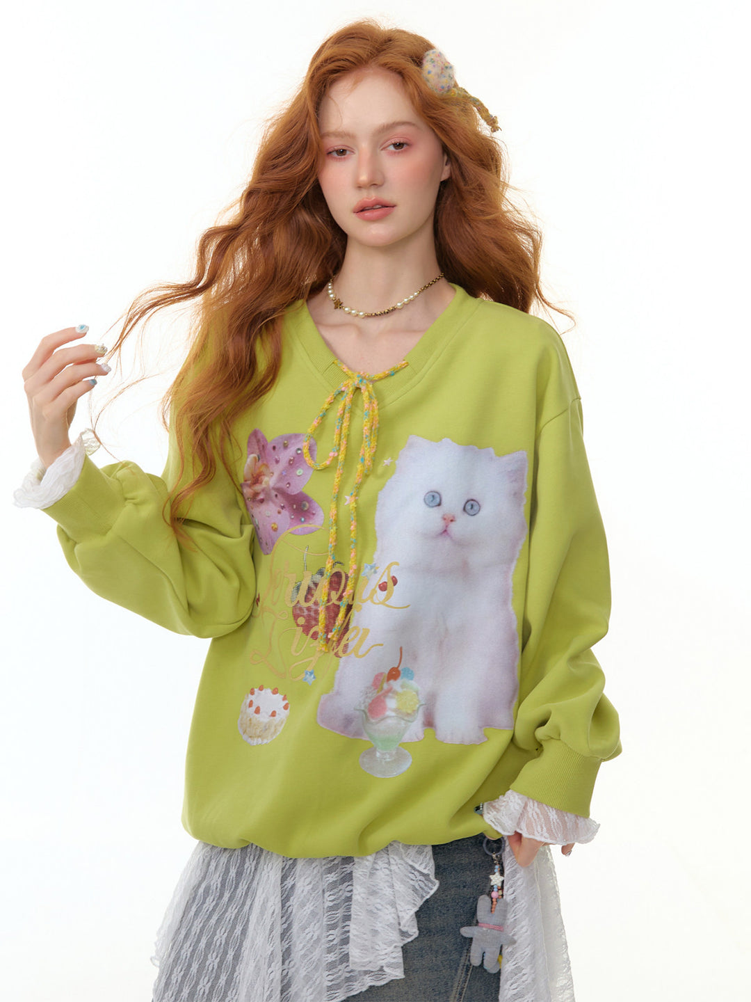 Cat Graphic Braided Tie-Neck Sweatshirt