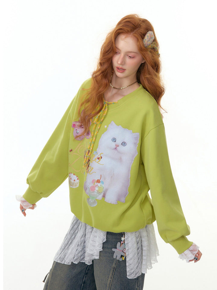 Cat Graphic Braided Tie-Neck Sweatshirt