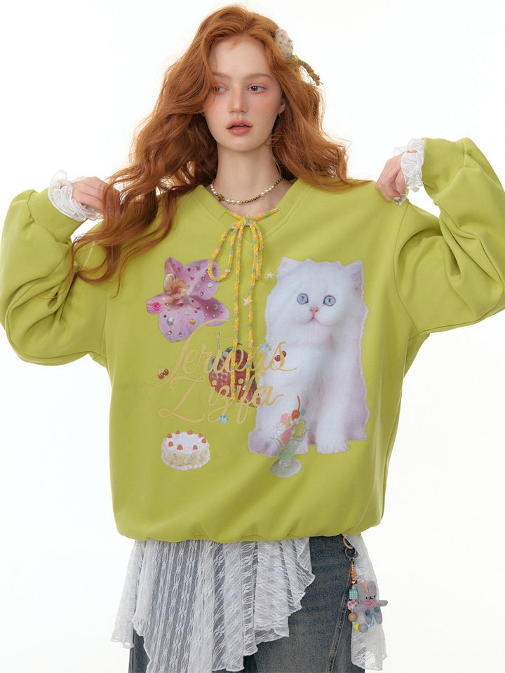 Cat Graphic Braided Tie-Neck Sweatshirt