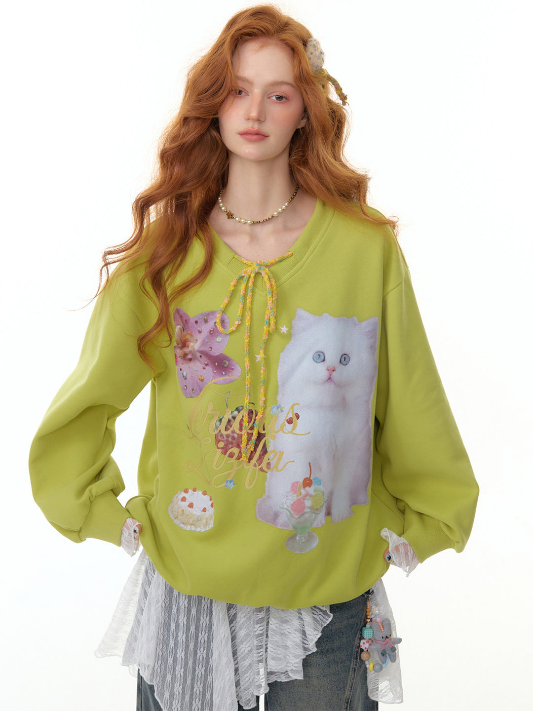 Cat Graphic Braided Tie-Neck Sweatshirt