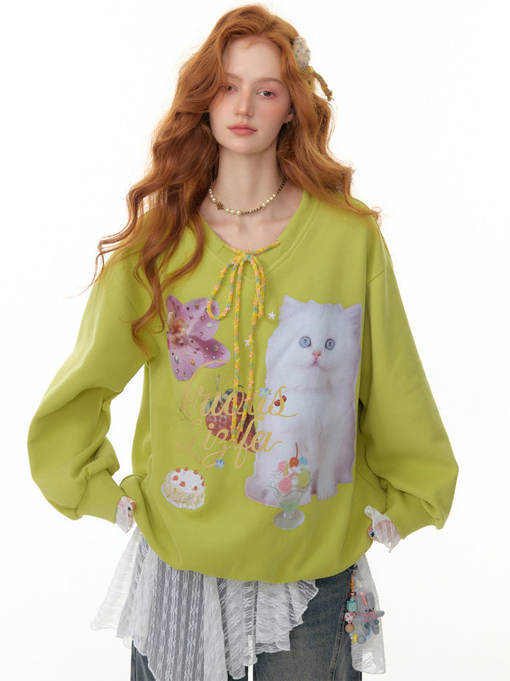 Cat Graphic Braided Tie-Neck Sweatshirt