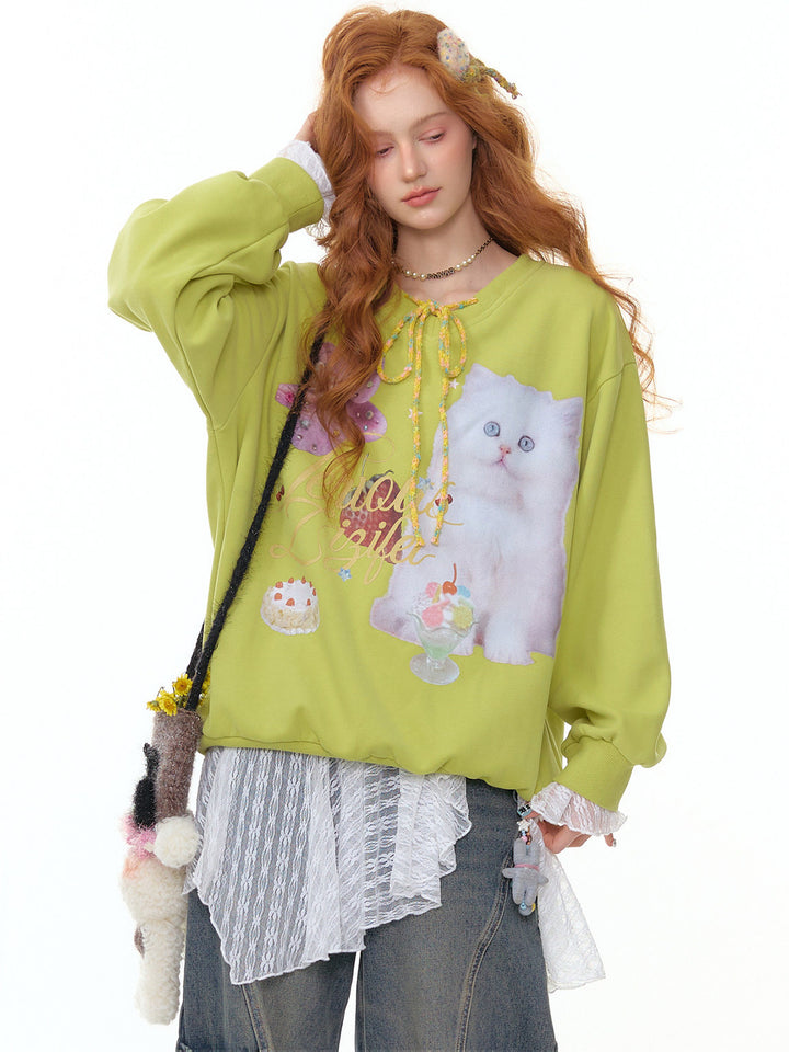 Cat Graphic Braided Tie-Neck Sweatshirt
