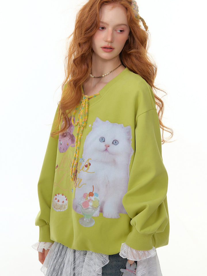 Cat Graphic Braided Tie-Neck Sweatshirt