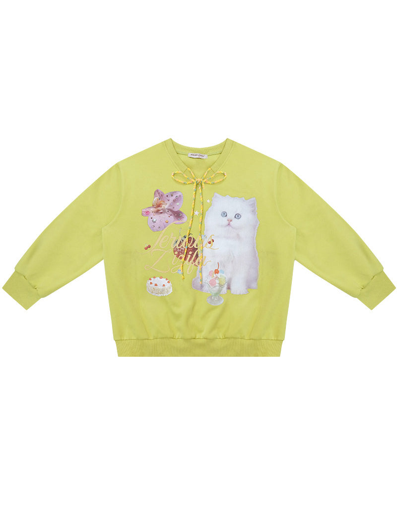 Cat Graphic Braided Tie-Neck Sweatshirt