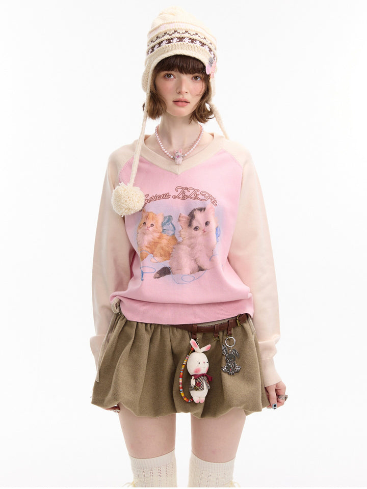 Kitten Graphic Raglan V-Neck Sweater