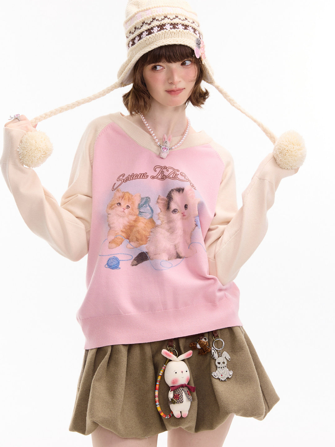 Kitten Graphic Raglan V-Neck Sweater