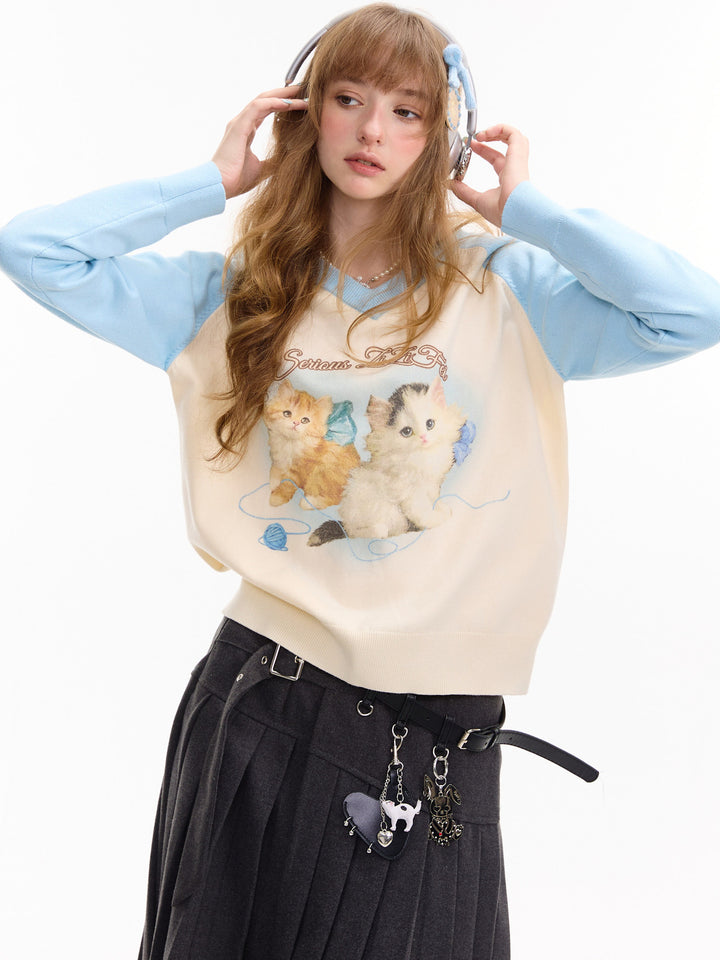 Kitten Graphic Raglan V-Neck Sweater