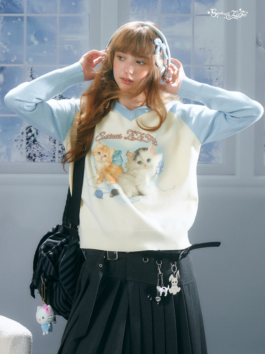 Kitten Graphic Raglan V-Neck Sweater