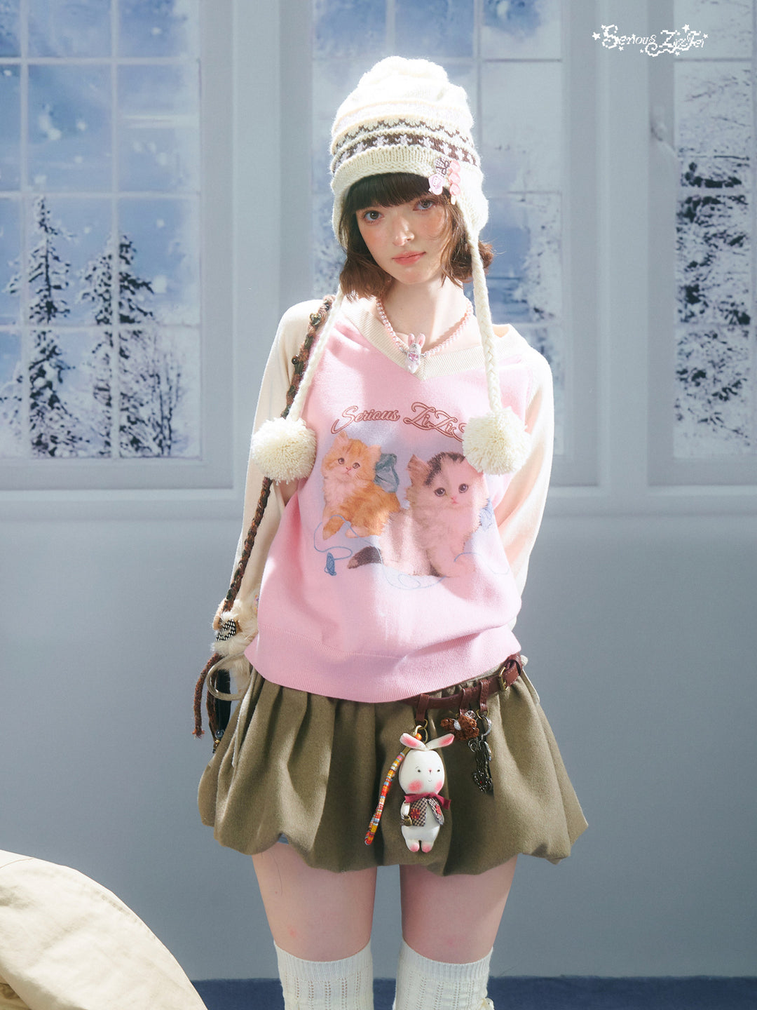 Kitten Graphic Raglan V-Neck Sweater