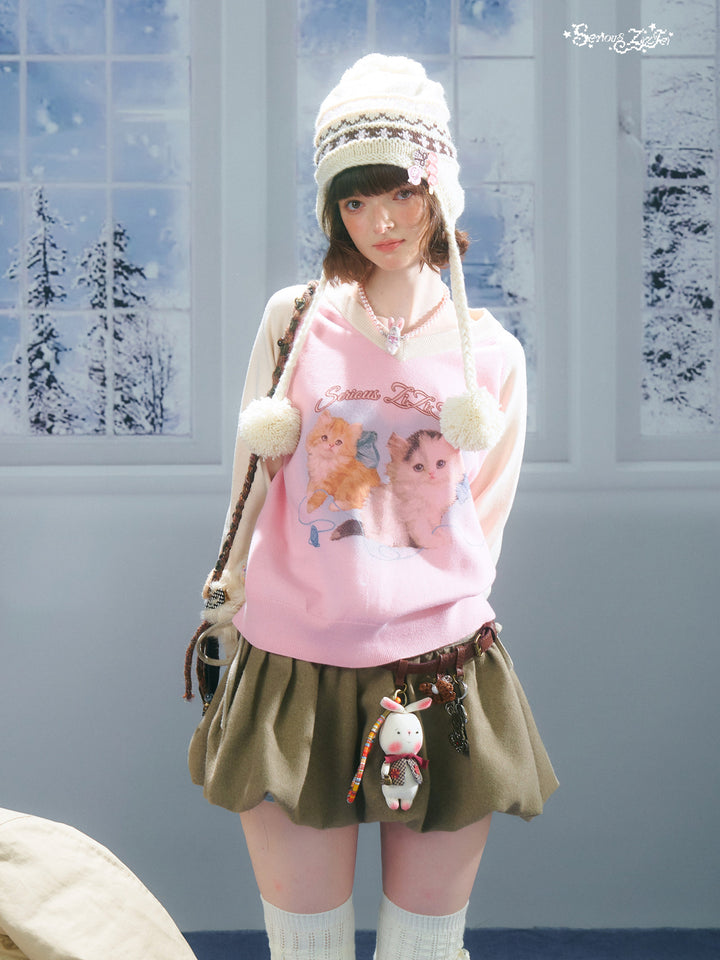 Kitten Graphic Raglan V-Neck Sweater