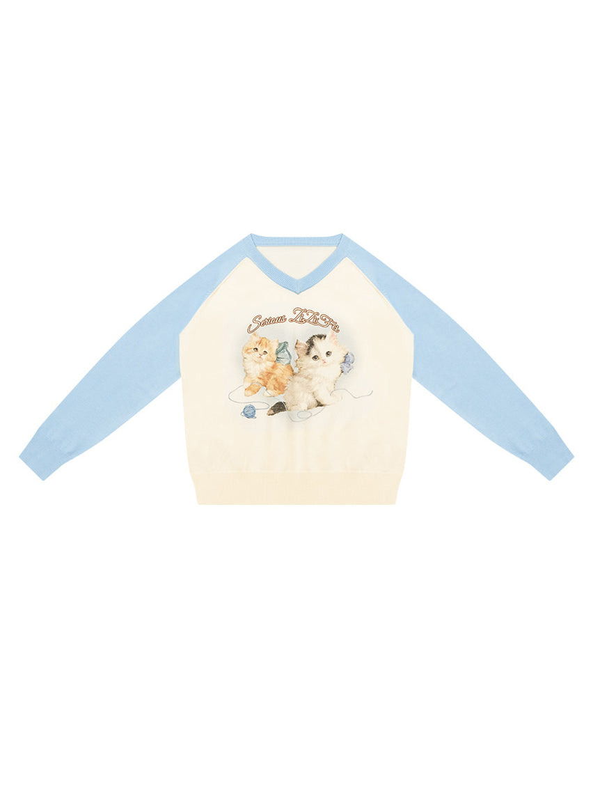 Kitten Graphic Raglan V-Neck Sweater