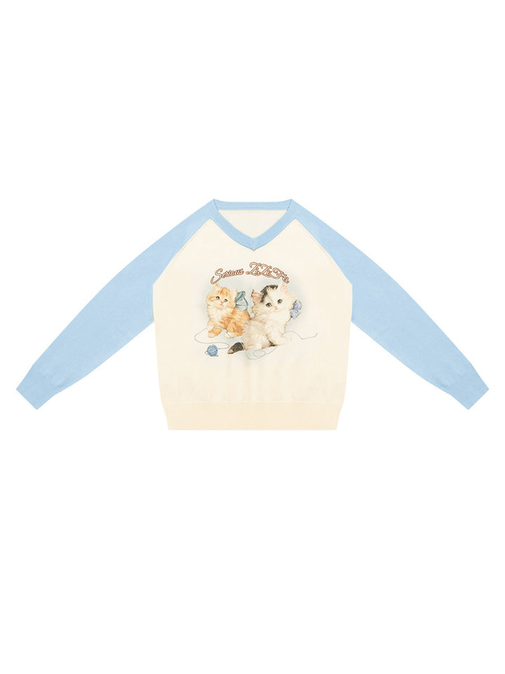 Kitten Graphic Raglan V-Neck Sweater
