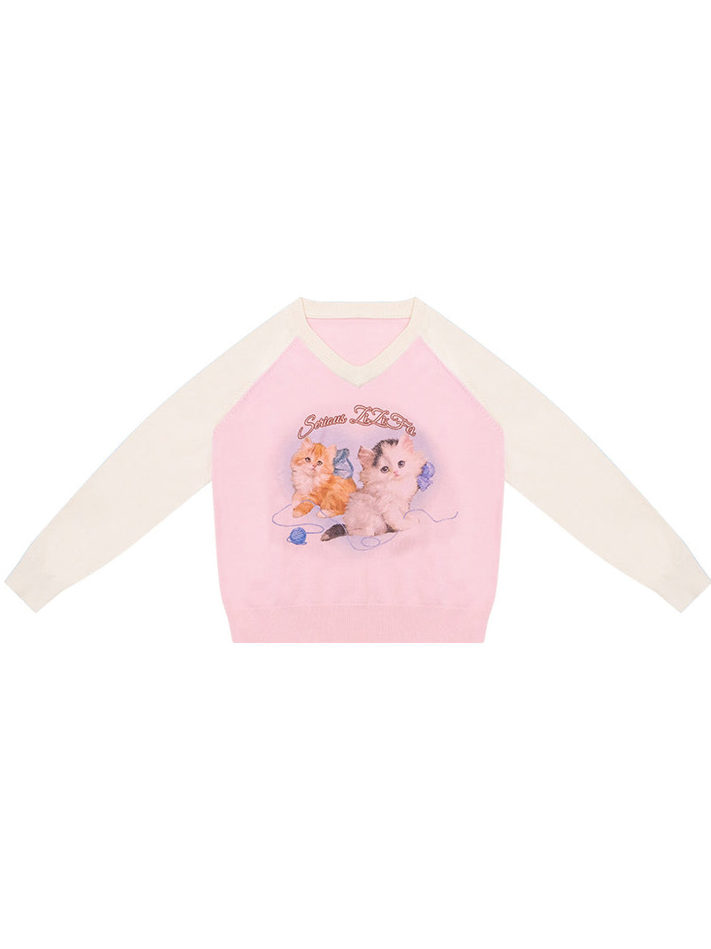 Kitten Graphic Raglan V-Neck Sweater