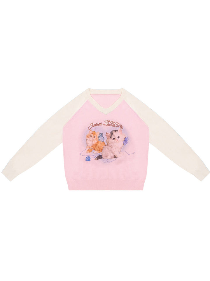 Kitten Graphic Raglan V-Neck Sweater