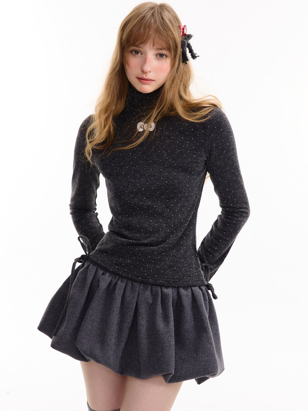 Polka Dot Bow Turtleneck Sweater