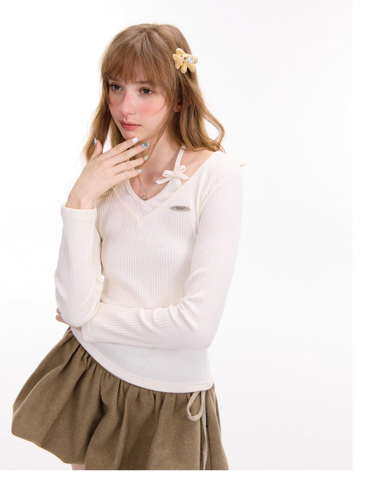 Coquette Bow Halter Ribbed Top