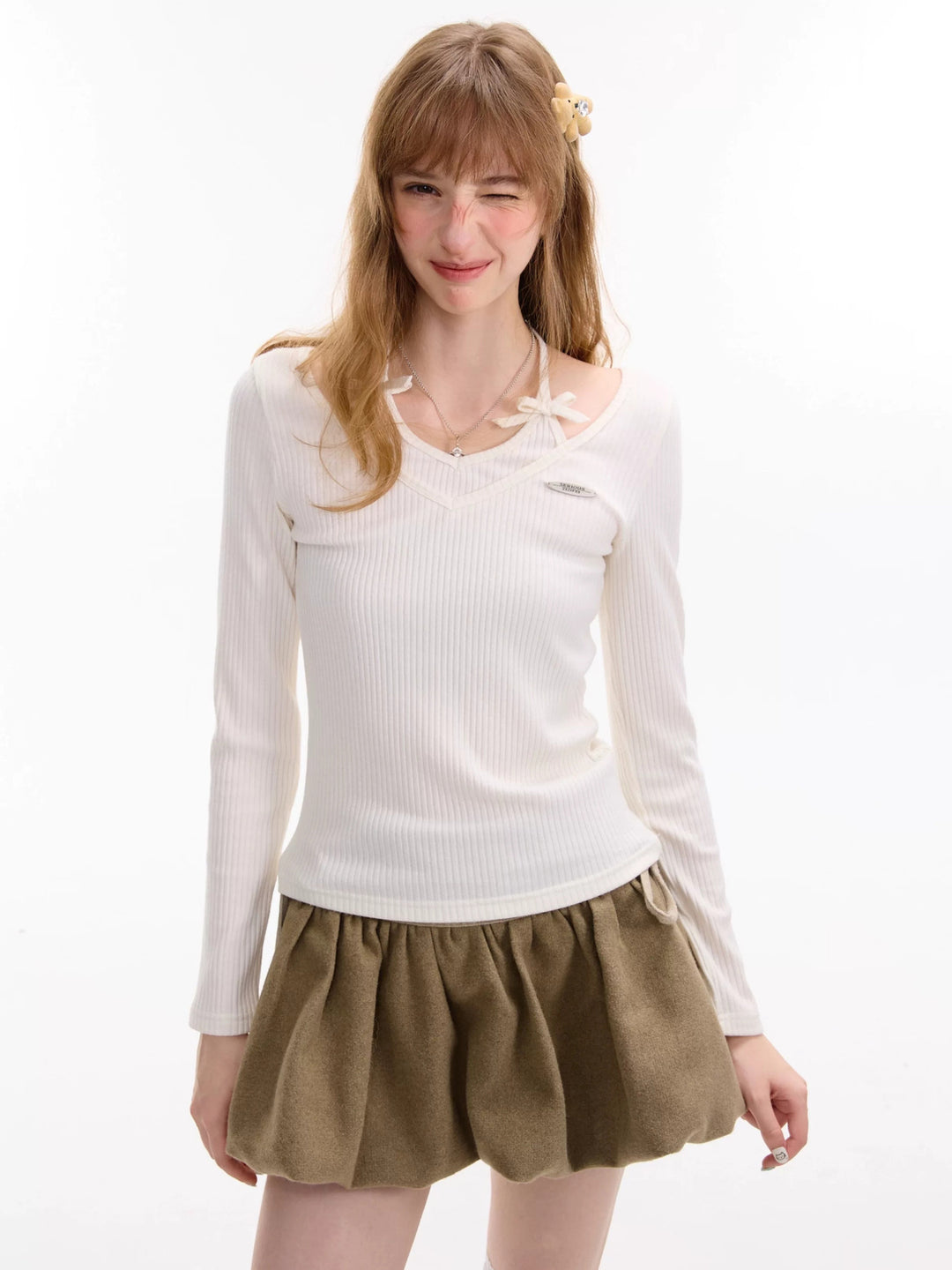 Coquette Bow Halter Ribbed Top