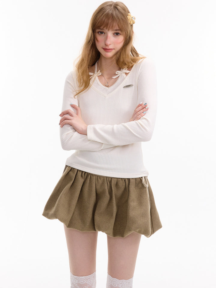 Coquette Bow Halter Ribbed Top