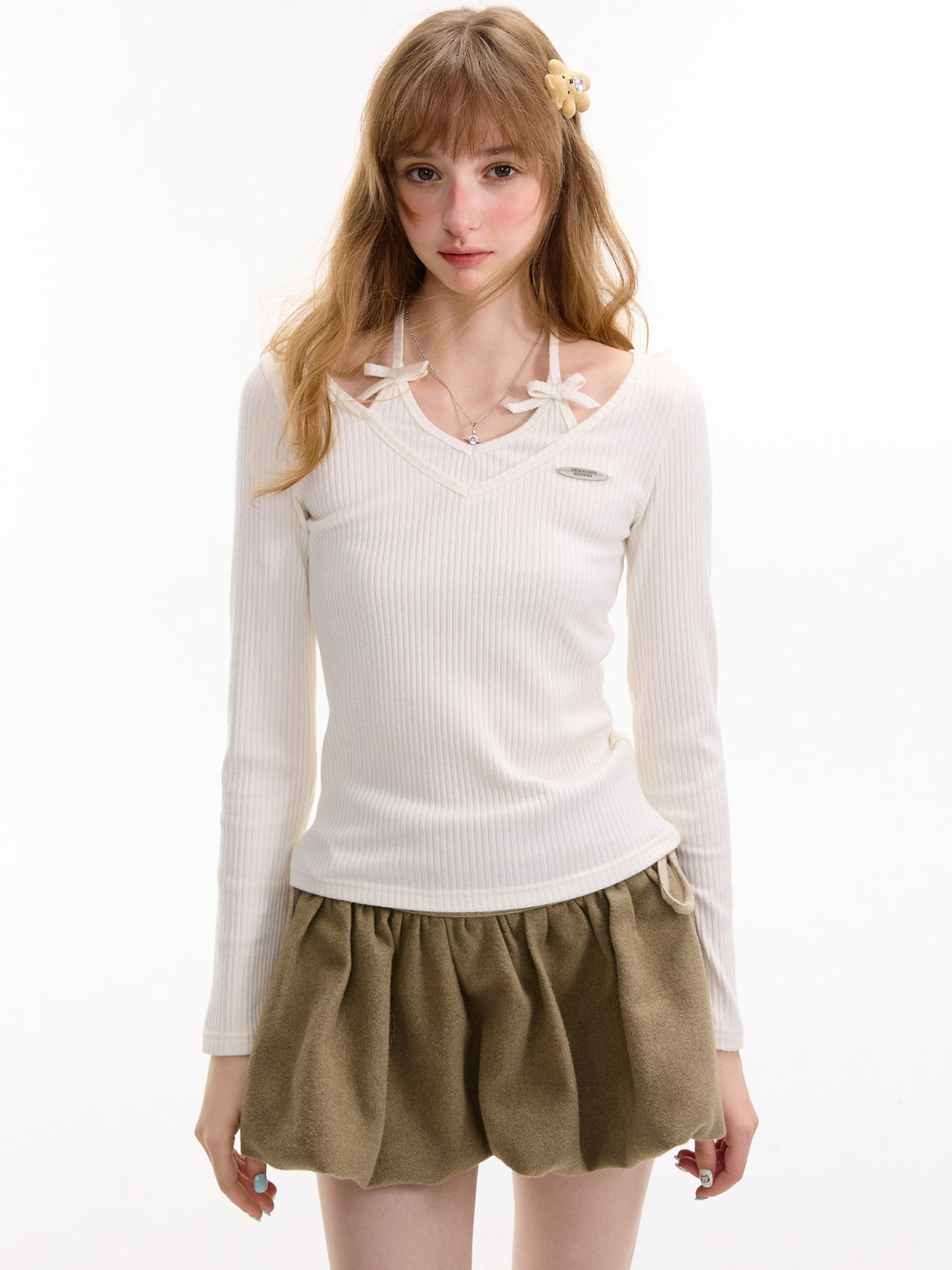 Coquette Bow Halter Ribbed Top