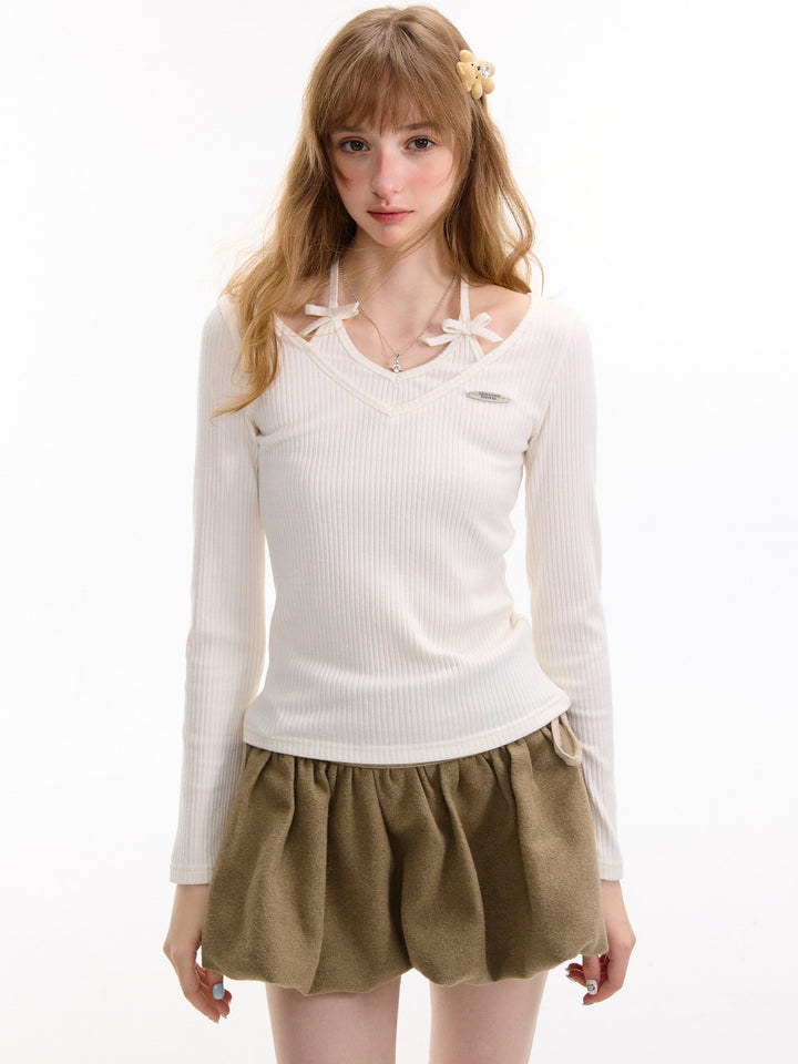 Coquette Bow Halter Ribbed Top