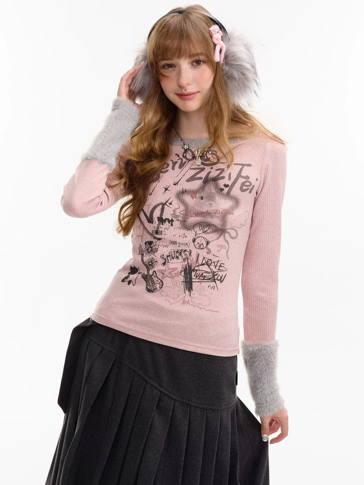 Y2K Graffiti Fuzzy Trim Top