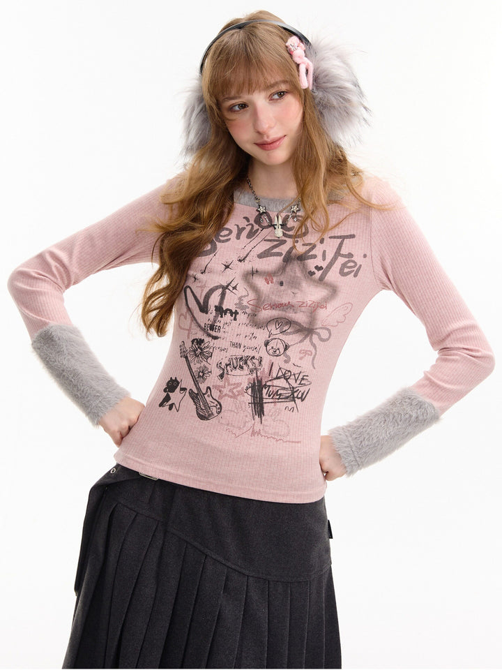 Y2K Graffiti Fuzzy Trim Top
