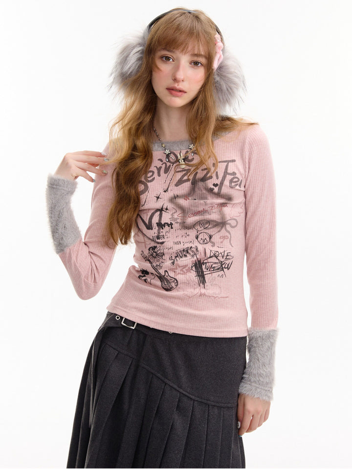 Y2K Graffiti Fuzzy Trim Top