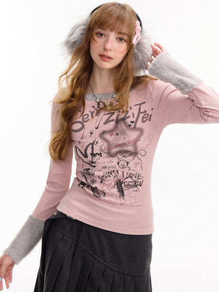 Y2K Graffiti Fuzzy Trim Top