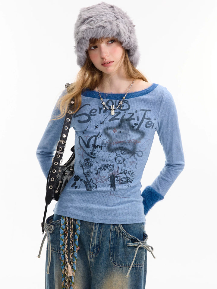 Y2K Graffiti Fuzzy Trim Top