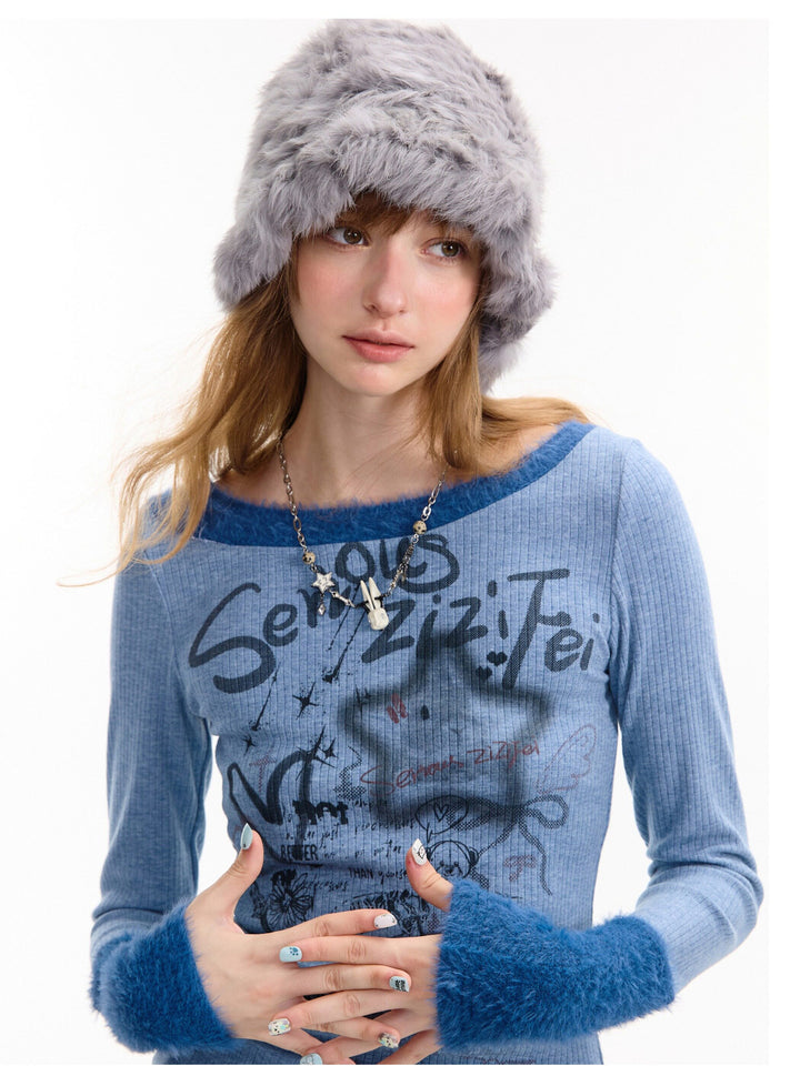 Y2K Graffiti Fuzzy Trim Top