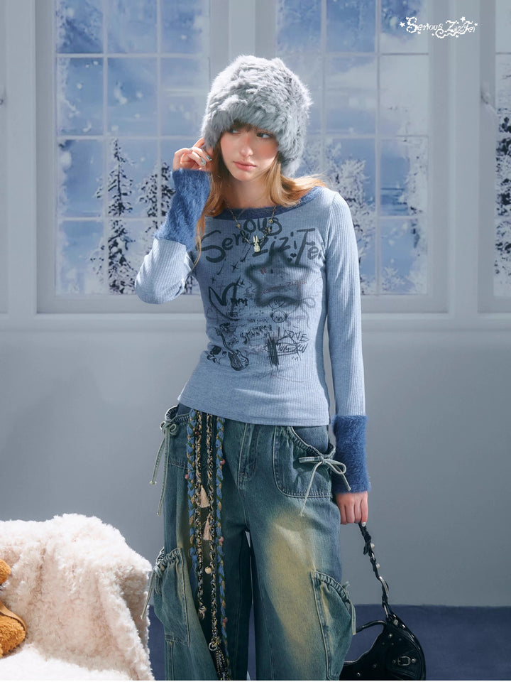 Y2K Graffiti Fuzzy Trim Top