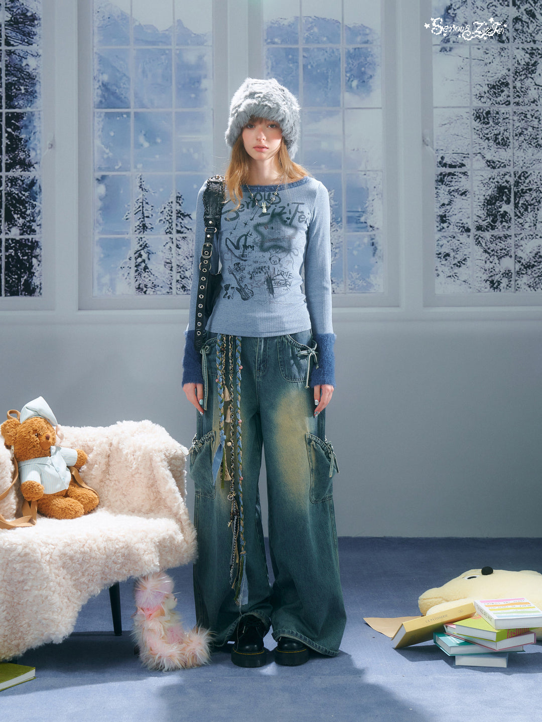 Y2K Graffiti Fuzzy Trim Top