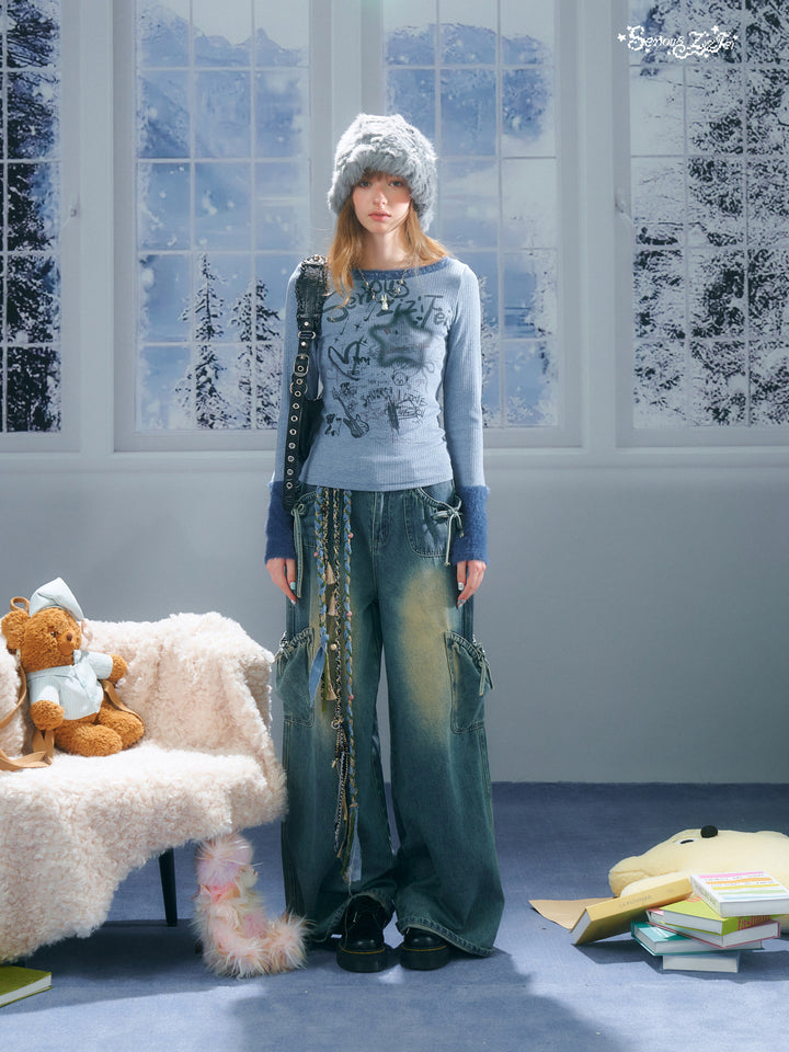 Y2K Graffiti Fuzzy Trim Top