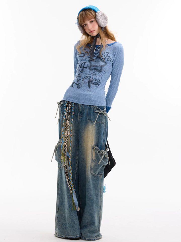 Y2K Graffiti Fuzzy Trim Top