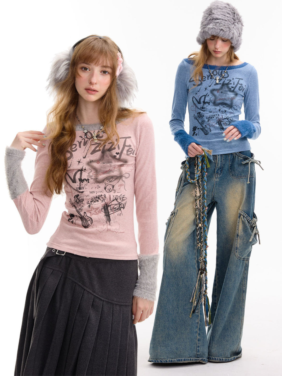 Y2K Graffiti Fuzzy Trim Top