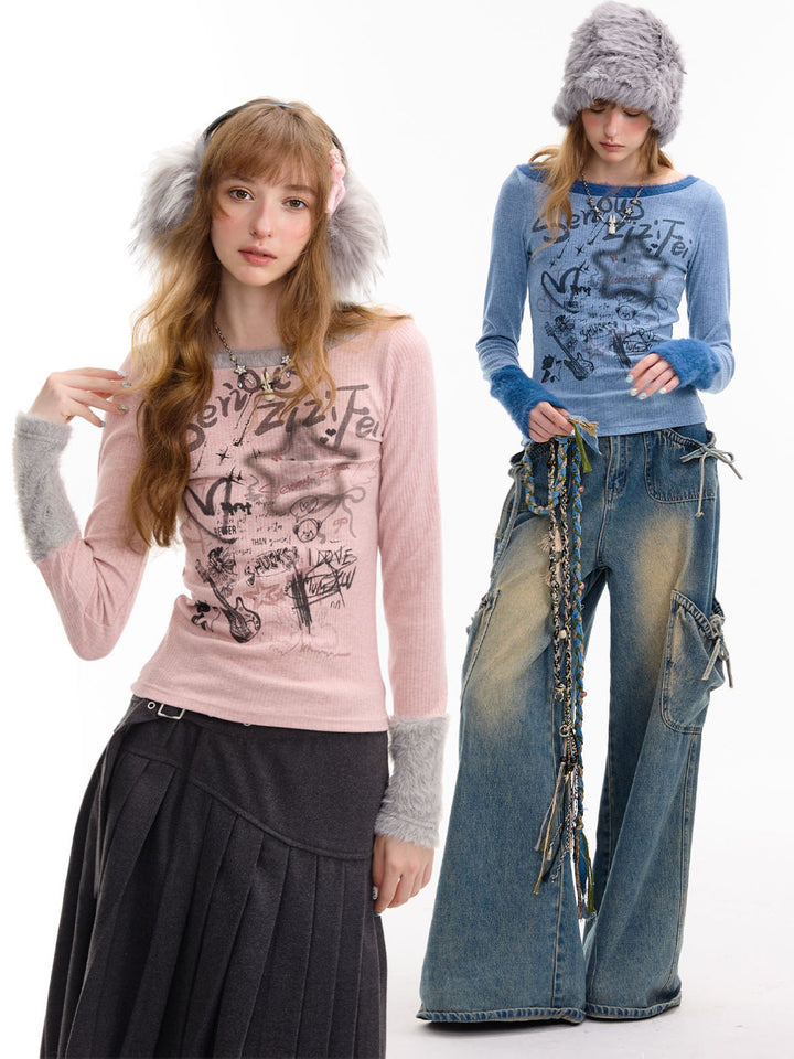 Y2K Graffiti Fuzzy Trim Top