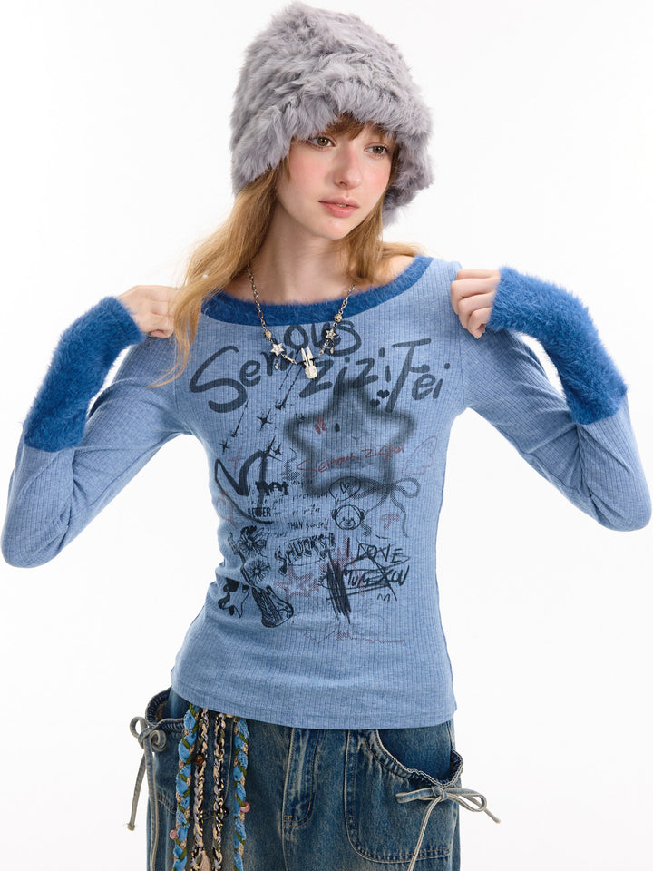Y2K Graffiti Fuzzy Trim Top