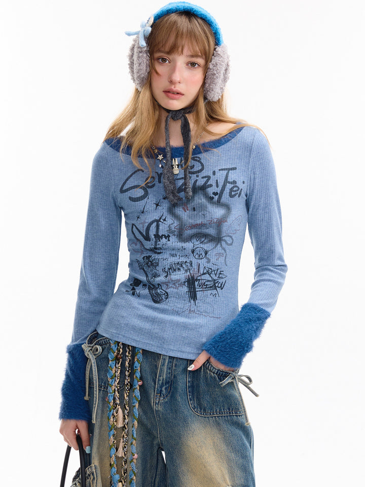 Y2K Graffiti Fuzzy Trim Top