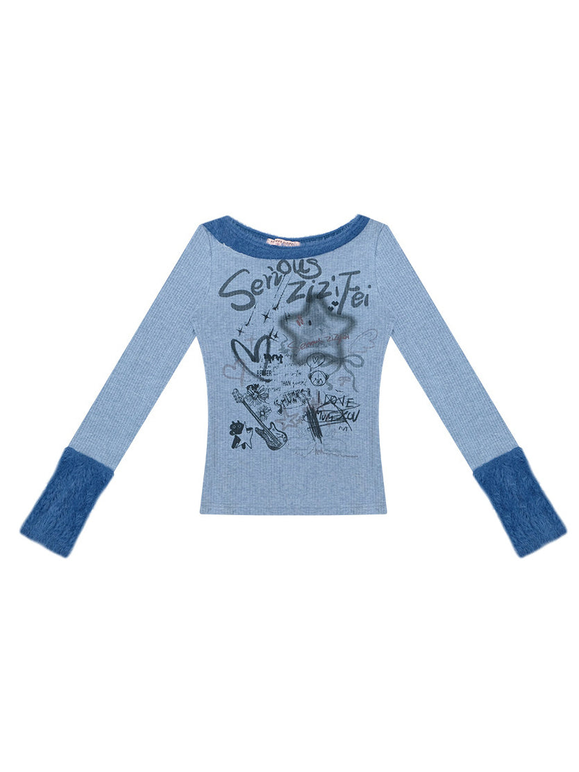 Y2K Graffiti Fuzzy Trim Top