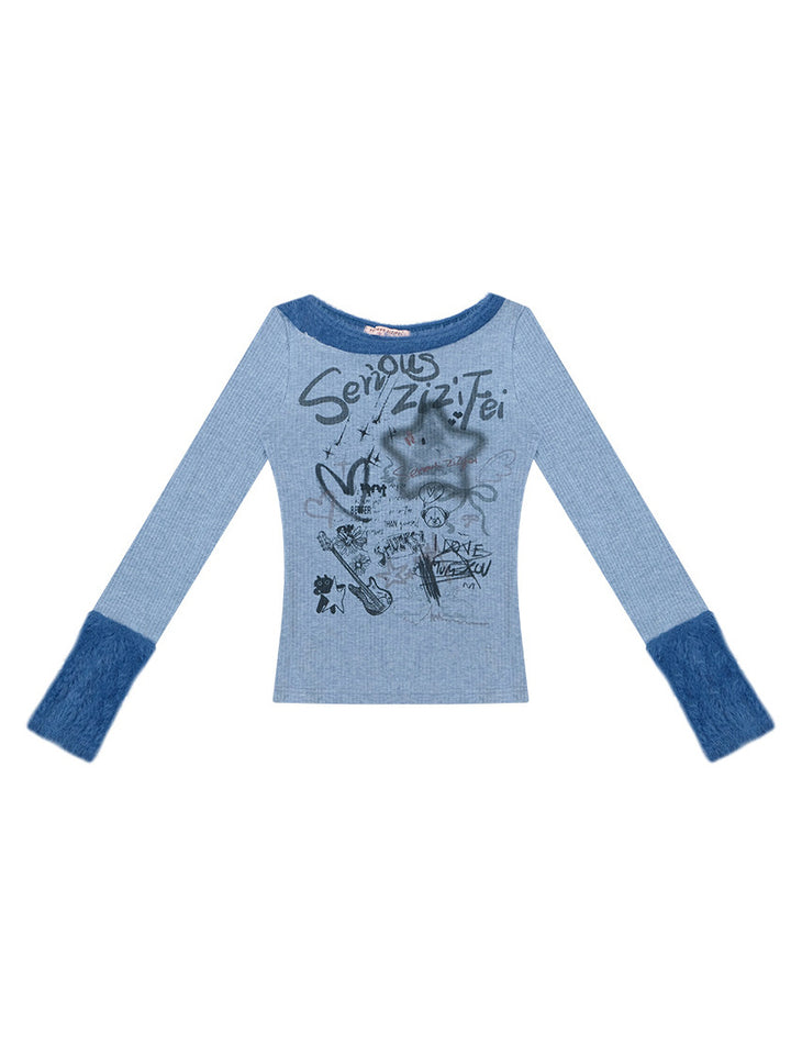 Y2K Graffiti Fuzzy Trim Top