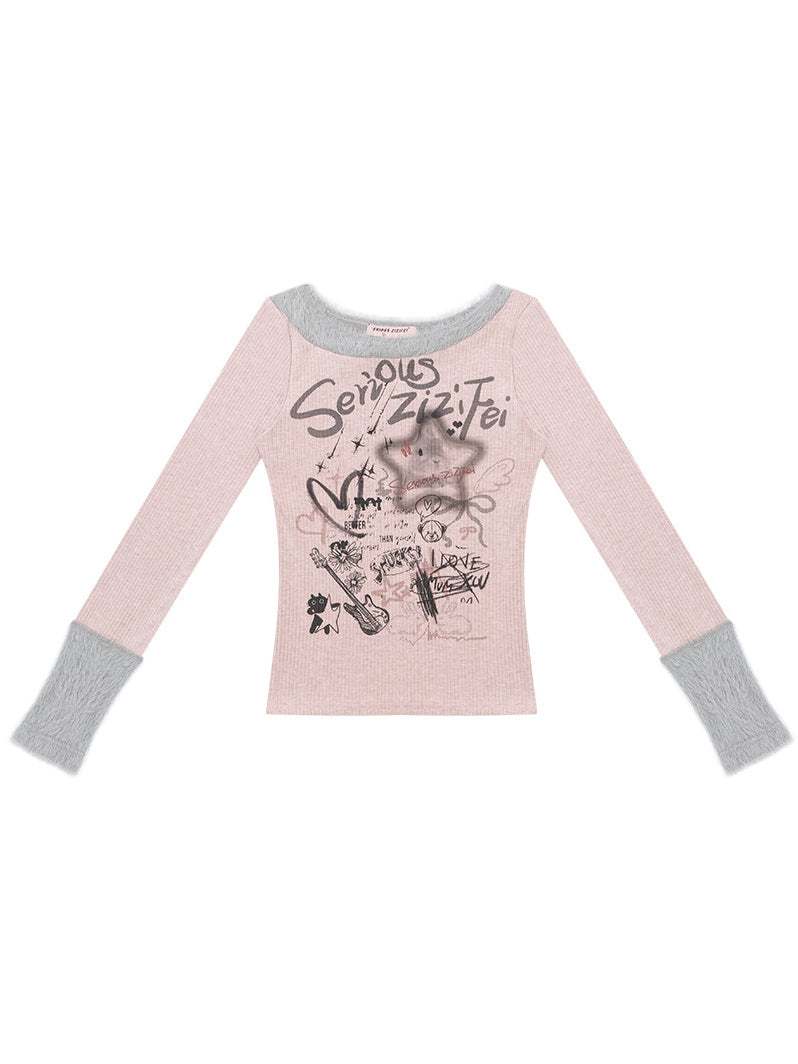 Y2K Graffiti Fuzzy Trim Top