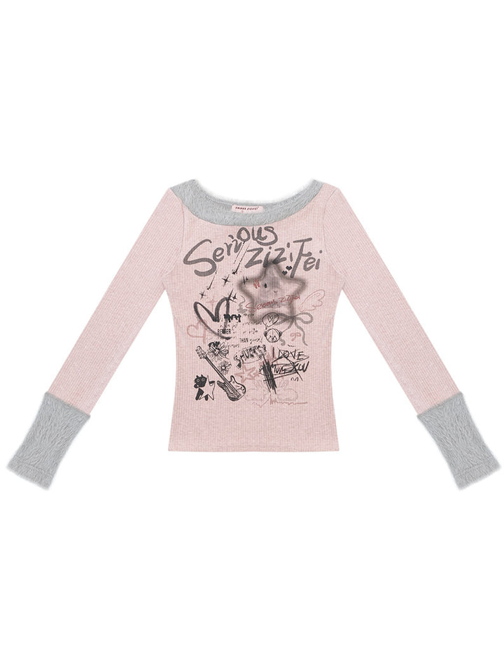 Y2K Graffiti Fuzzy Trim Top