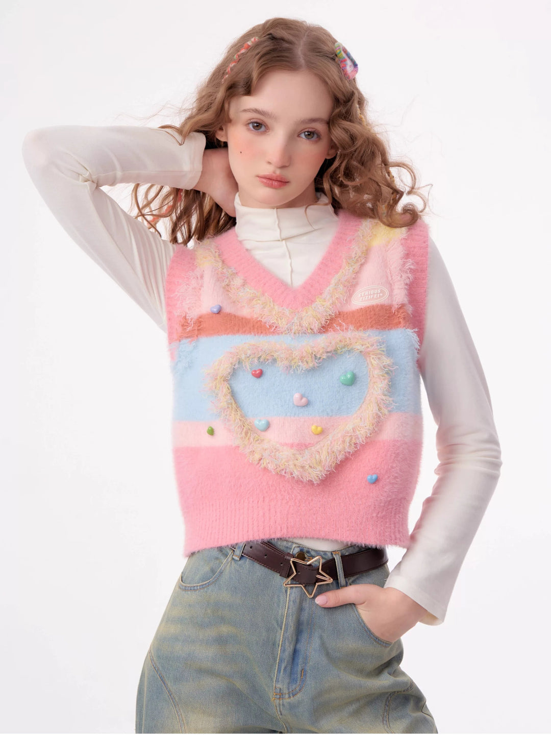 Pastel Heart Fuzzy Knit Vest