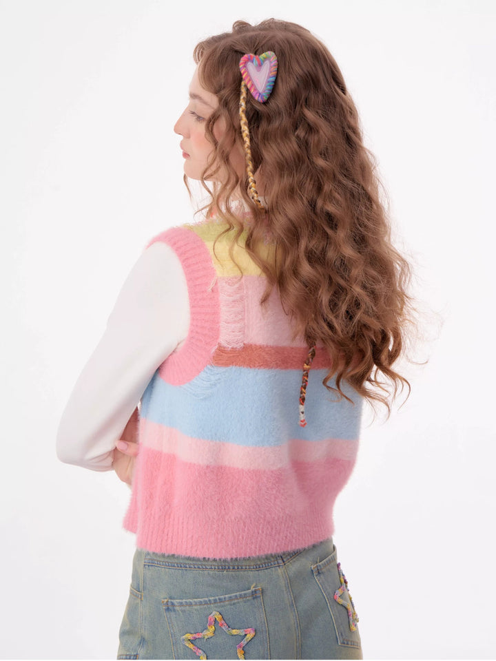 Pastel Heart Fuzzy Knit Vest