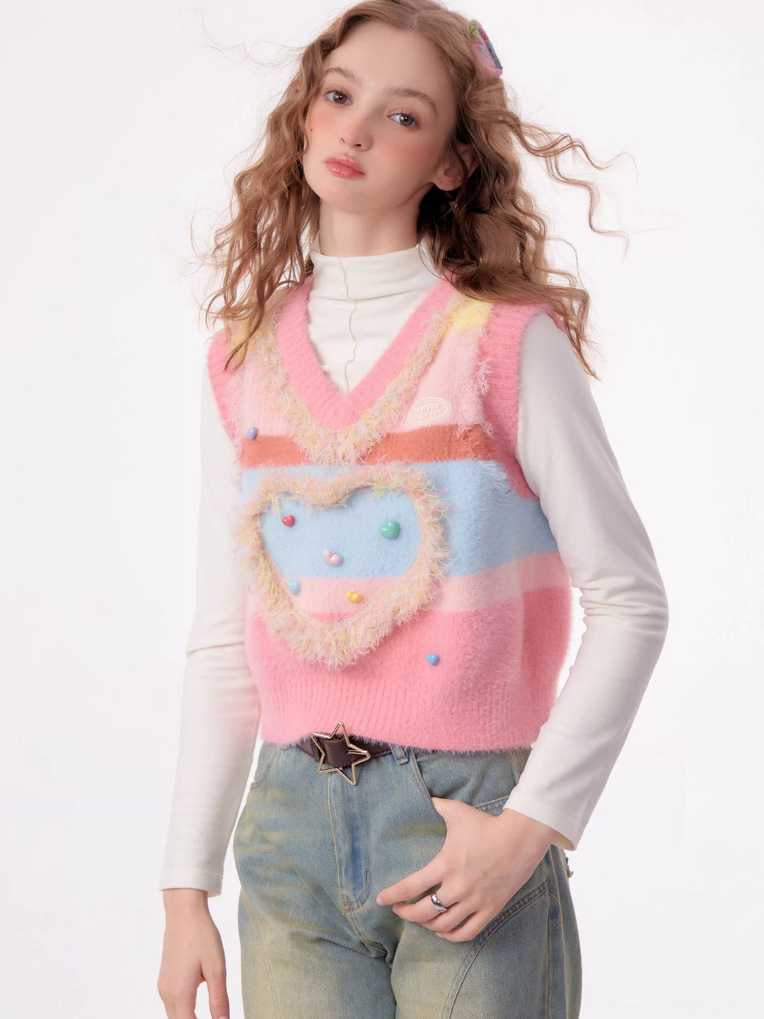 Pastel Heart Fuzzy Knit Vest