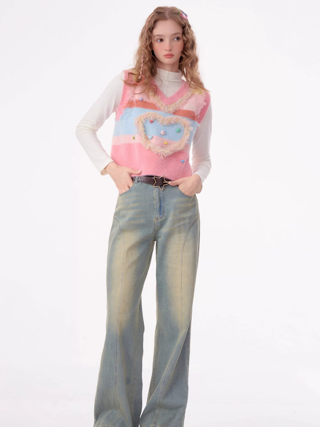 Pastel Heart Fuzzy Knit Vest