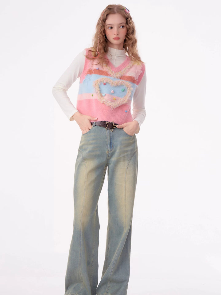 Pastel Heart Fuzzy Knit Vest